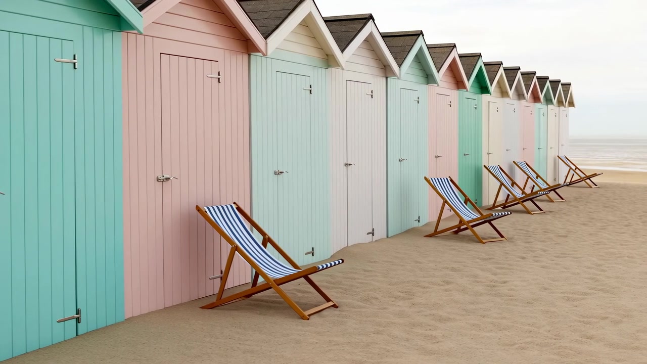 Colorful wooden beach cabins stand beside sandy ground with folding chairs in front, captured from side view as soft daylight highlights pastel walls, textures, and peaceful coastal surroundings.