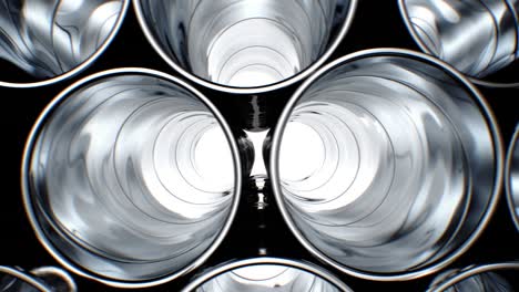 rows of metal pipes with reflections and sun light inside. looped 3d animation. steel pipes at metal factory.