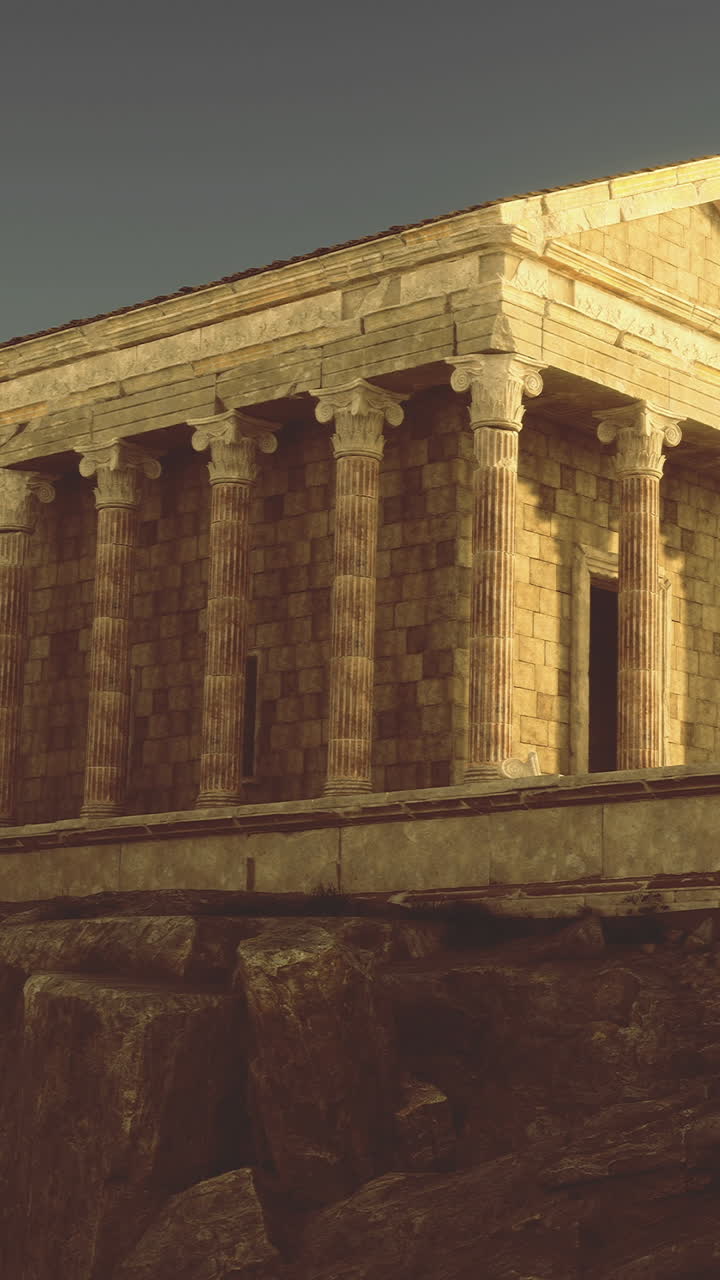 Un antico tempio si erge imponente sullo sfondo di un cielo crepuscolare