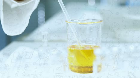 animación de compuestos químicos y fórmulas científicas sobre un vaso en el laboratorio