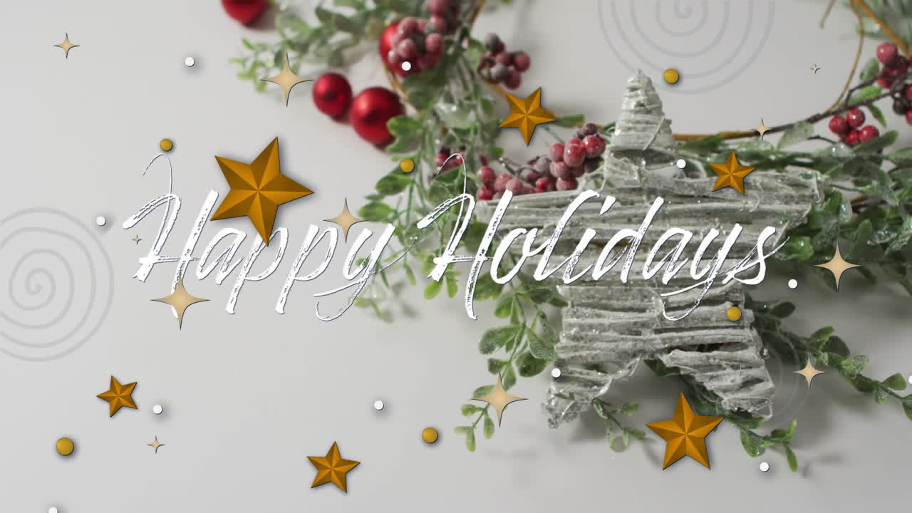 Animation of happy holidays text over stars and wreath
