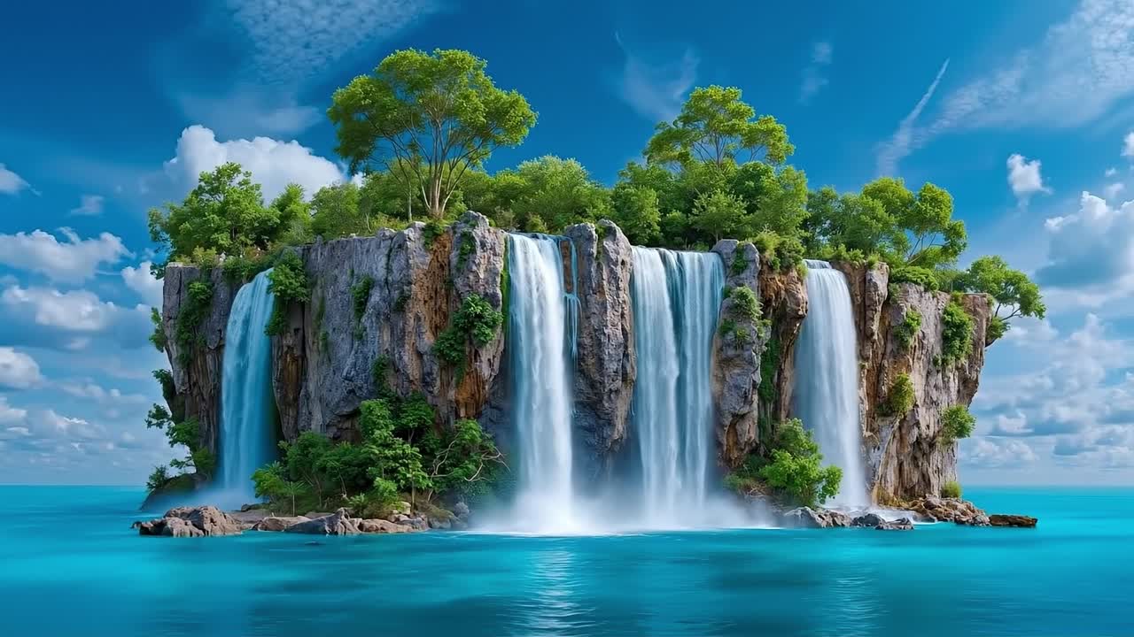 A large waterfall in the middle of a body of water surrounded by trees