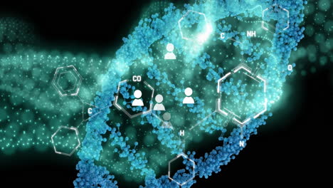 animación de puntos que forman hélices de adn y estructuras moleculares contra un fondo negro