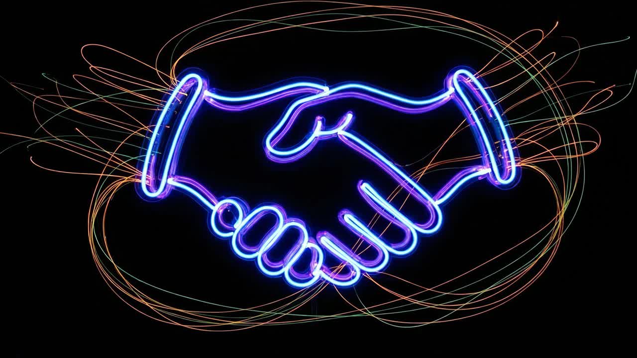 Neon Handshake Sign with Light Trails on Black Background