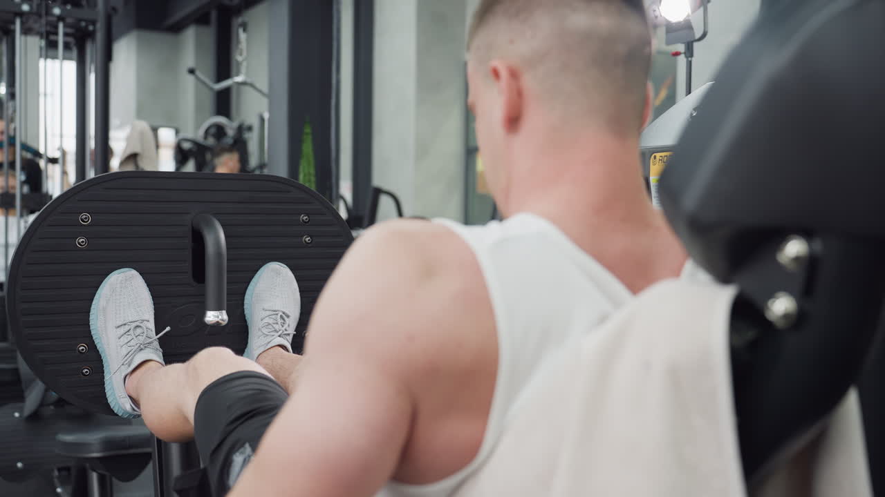 Gym goer pushes foot plate on leg press machine with motion, engaging quadriceps and glutes, wearing sneakers, with faint silhouettes of other exercisers and gym equipment in bright interior