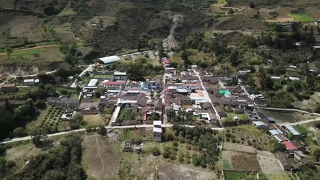 stunning aerial view of huasmin, a traditional andean village in cajamarca, peru. this high-resolution drone image showcases the town’s layout, surrounded by lush green fields and rolling hills.