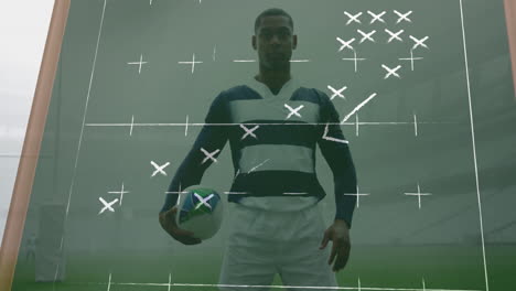 animación del dibujo del plan de juego sobre el jugador de rugby afroamericano