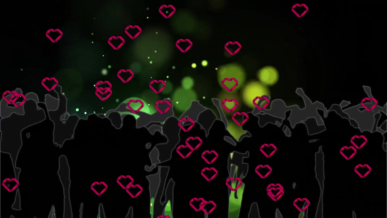 Silhouettes cheering in flat design concert scene, with floating pixel hearts and glowing bokeh