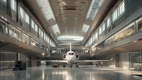 private jet in modern hangar