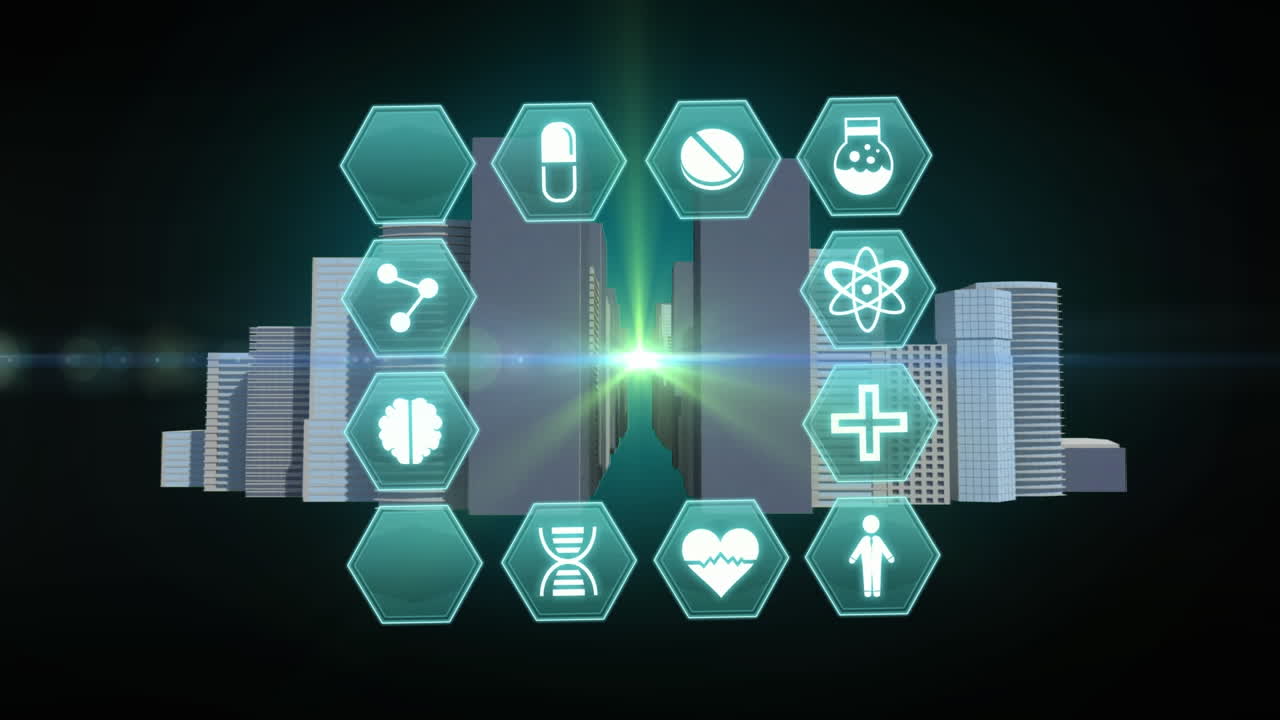 검은색 배경에 디지털 도시 위의 의료 아이콘과 빛의 흔적의 애니메이션