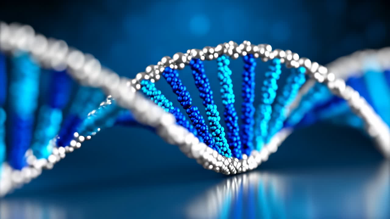 Exploring DNA structure's beauty. Close-up view of a DNA helix featuring vibrant blue and white colors, highlighting its intricate design and complexity