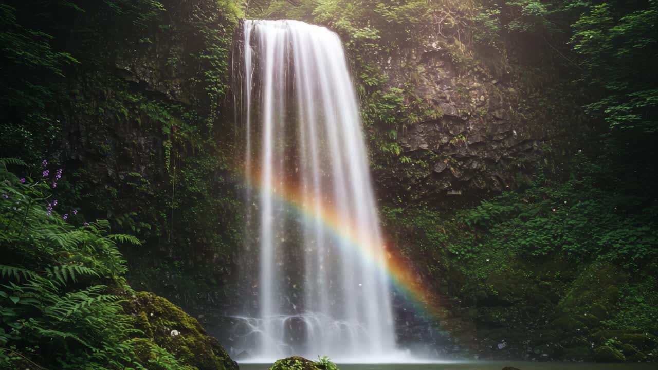 A Majestic Waterfall Cascading Down Rocky Terrain, Showering Sparkling Drops and Creating a Vibrant Rainbow within an Enchanted Forest Scene