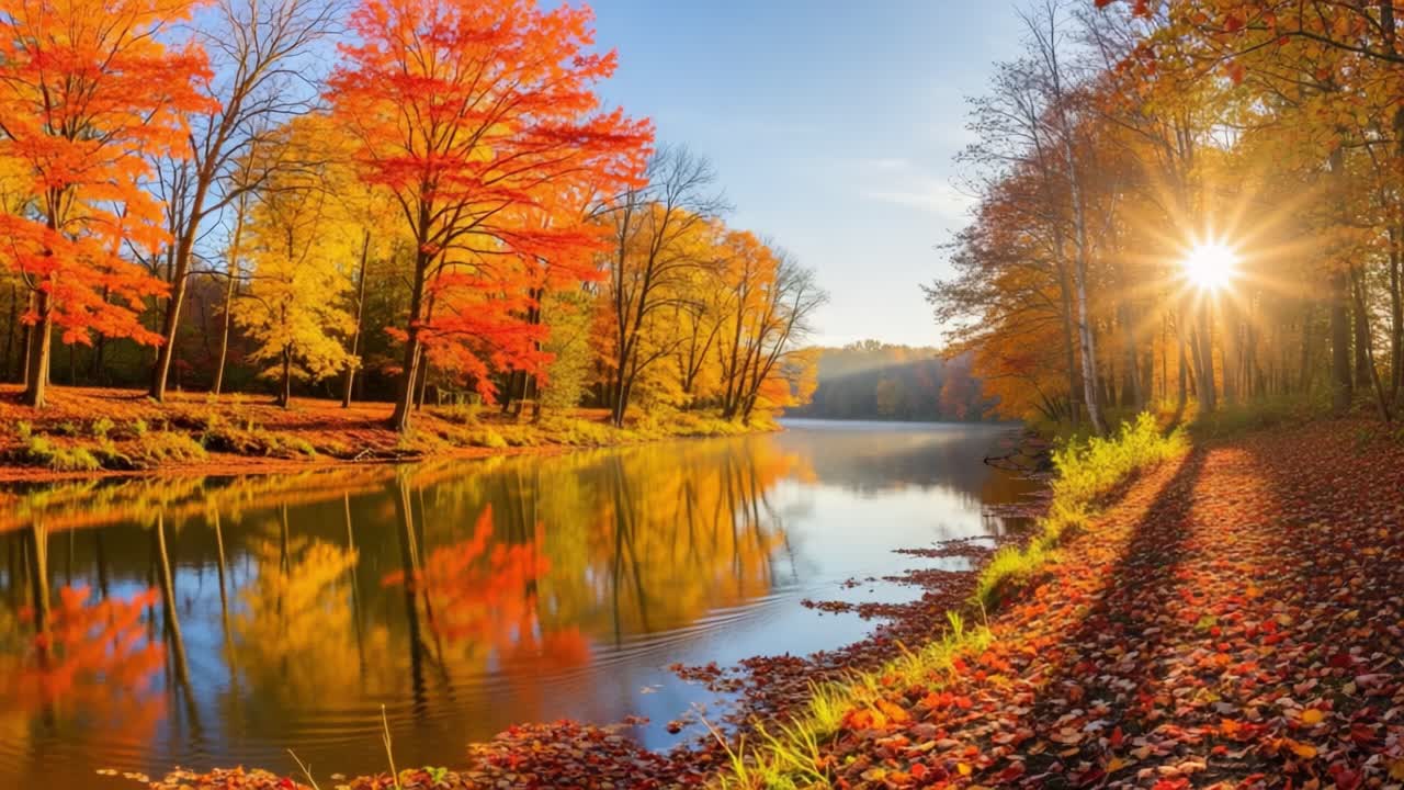 A Serene Autumn Landscape Capturing Vibrant Colors and Reflections by the Tranquil River as the Sunlight Dances through Fall Foliage
