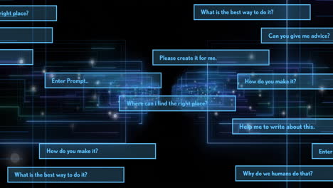 Digital text boxes with questions over glowing blue network animation