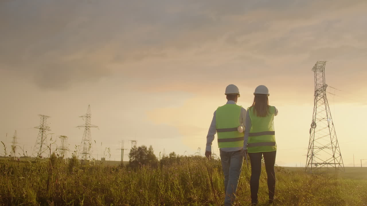El ingeniero y el controlador, con una tableta PC y planos sobre líneas y torres de transmisión, discuten el plan de expansión y el transporte de energía para pueblos y ciudades.