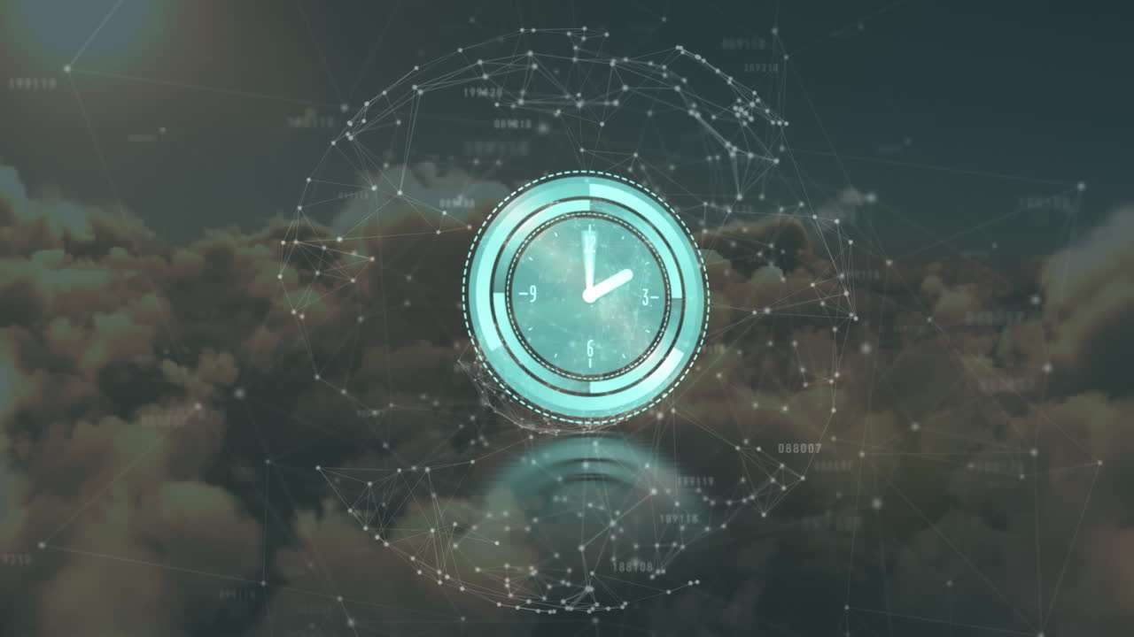 Animation of moving clock and network of connections over sky