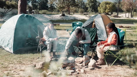 friends camping near a campfire