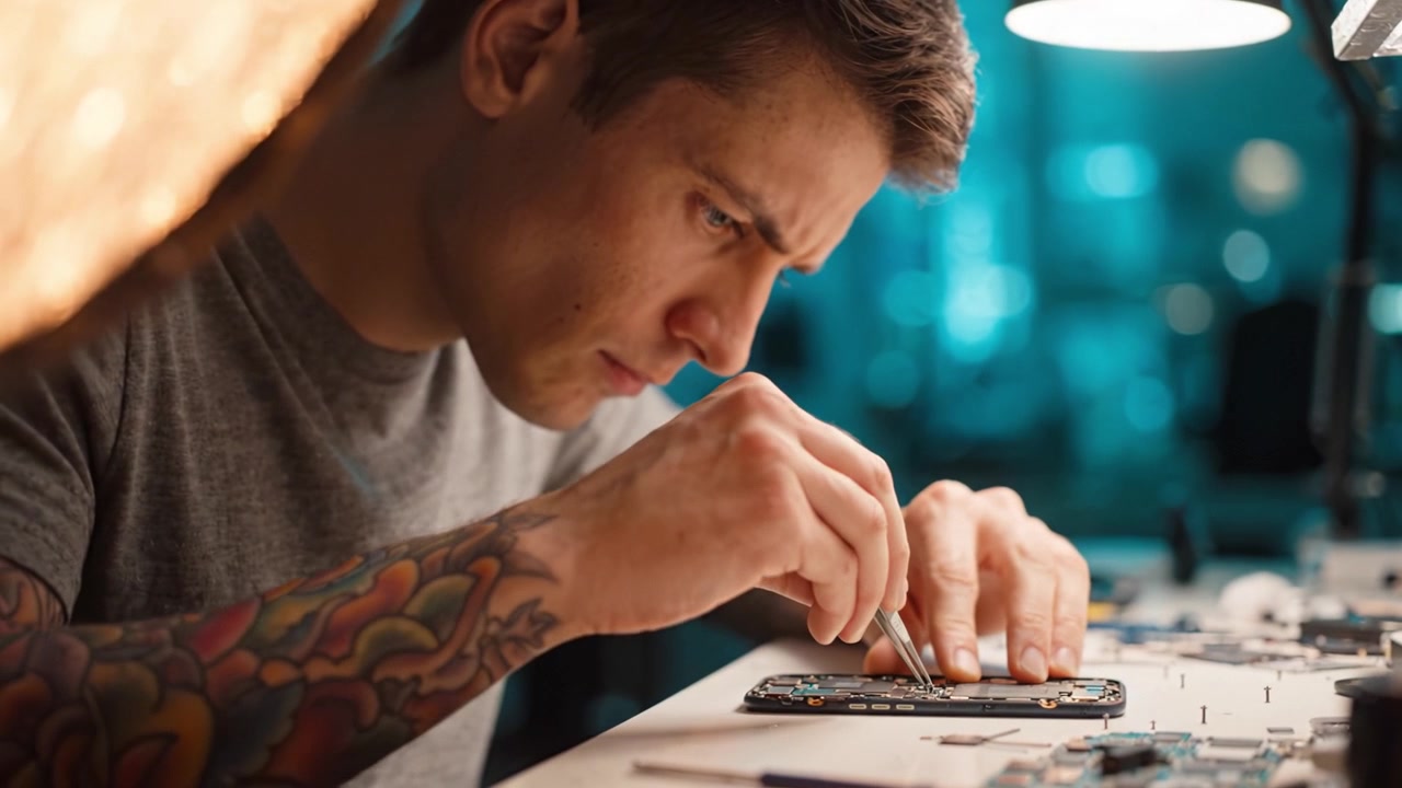 A focused technician meticulously repairs a smartphone, showcasing precision and skill while handling tiny components under focused lighting in a modern workspace.