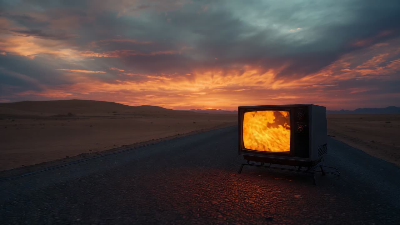 Showing dancing flames flickering on CRT television set on desert highway at sunset, copy space