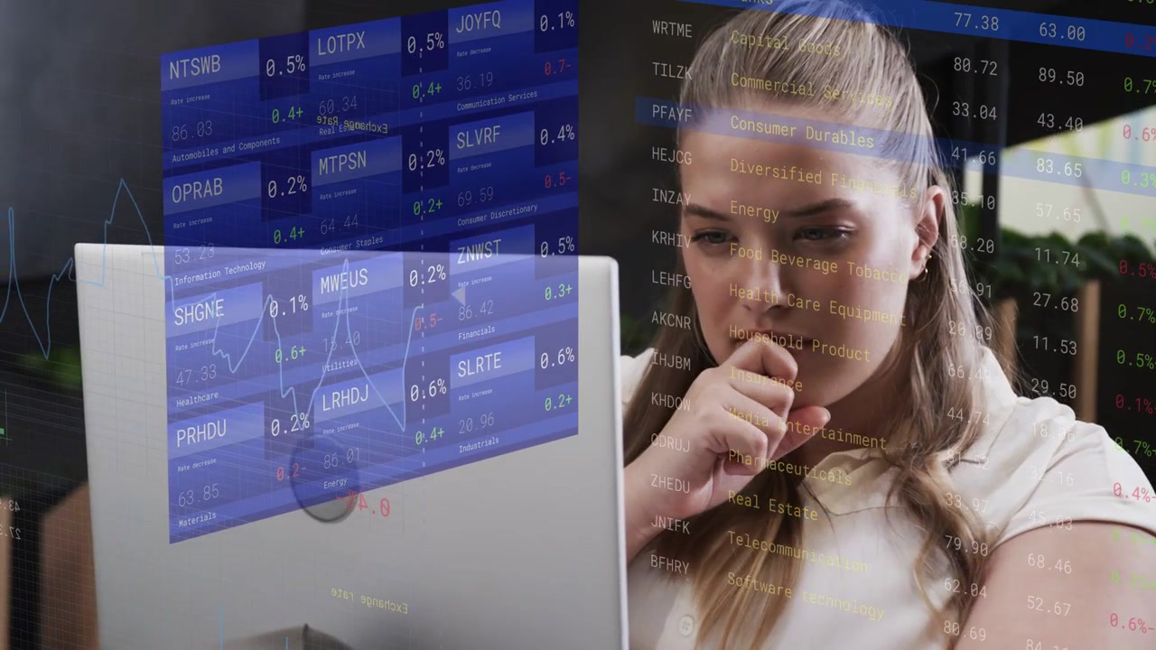 Woman studying laptop stock ticker and chart leaning and deciding while transparent tiles shifting