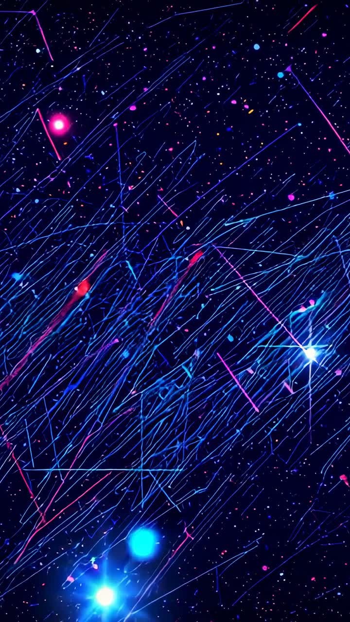 Vertical video: Sequence starting blue magenta red light trails streaking sky, forming star field