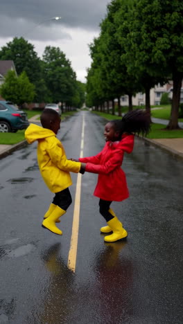 two children playing happily in raincoats and rain boots on a wet street