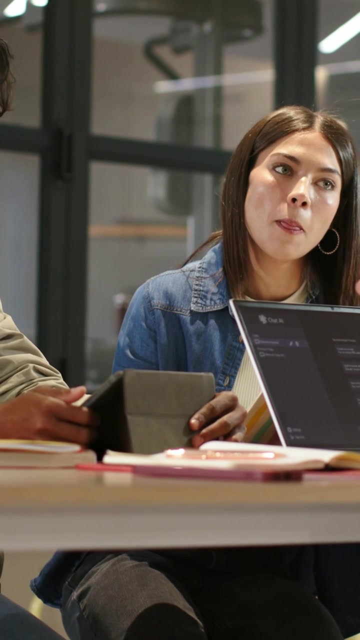 Video vertical: Orador gesticulando, mujer en mezclilla escuchando en la oficina, sosteniendo un maletín y una laptop