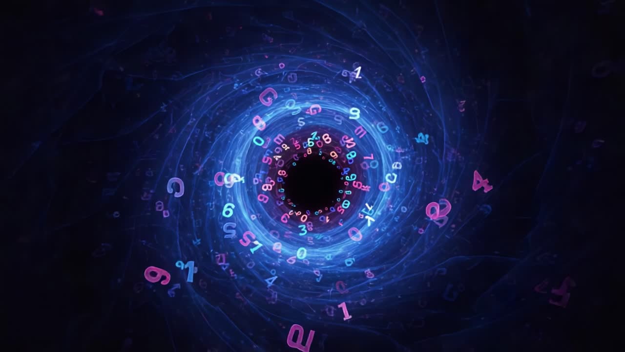An mesmerizing journey through a vibrant vortex of swirling numbers and glowing colors, evoking a sense of infinite possibilities in the realms of mathematics and digital abstraction