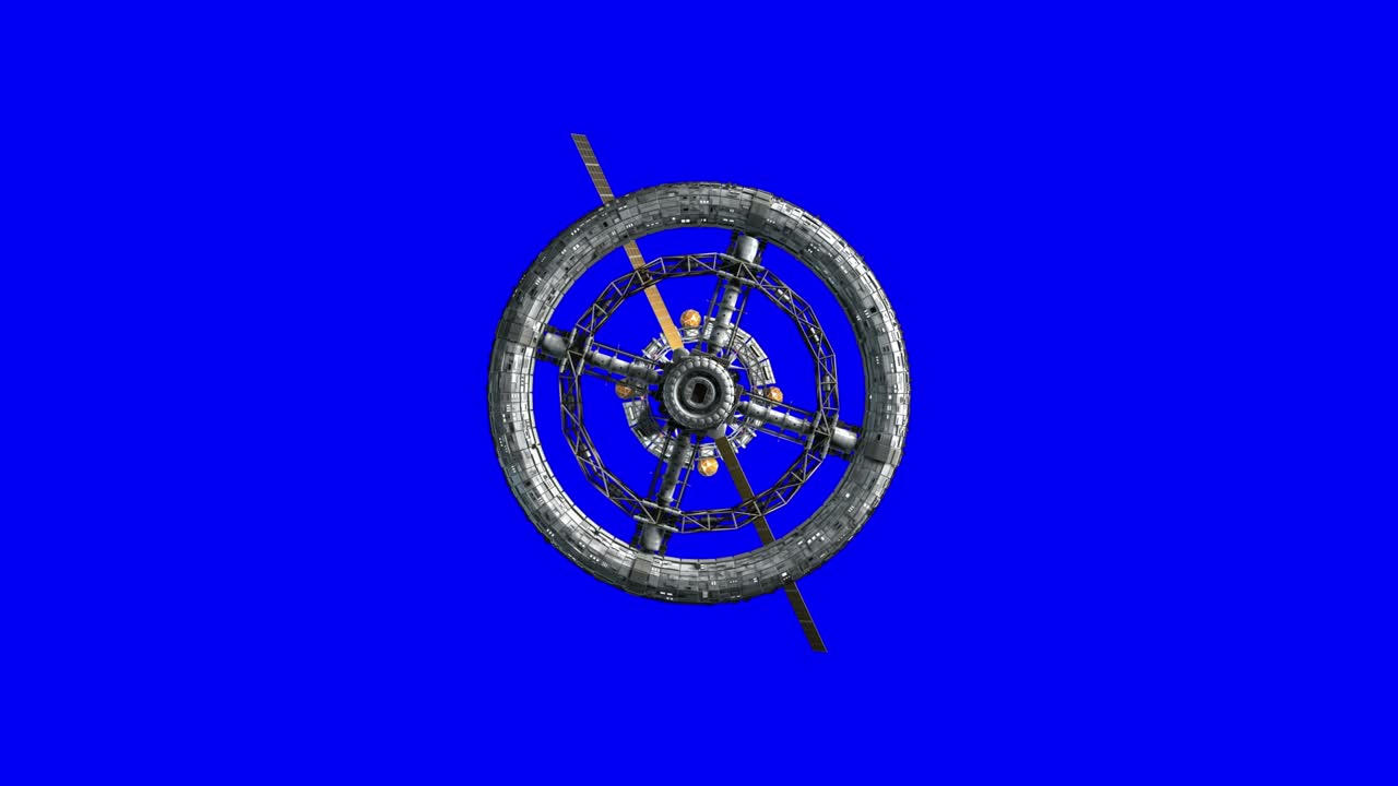공상과학 우주 정거장의 게이트를 통과하는 비행: 파란색 배경, 녹색 스크린, 3d 애니메이션, 크로마 키
