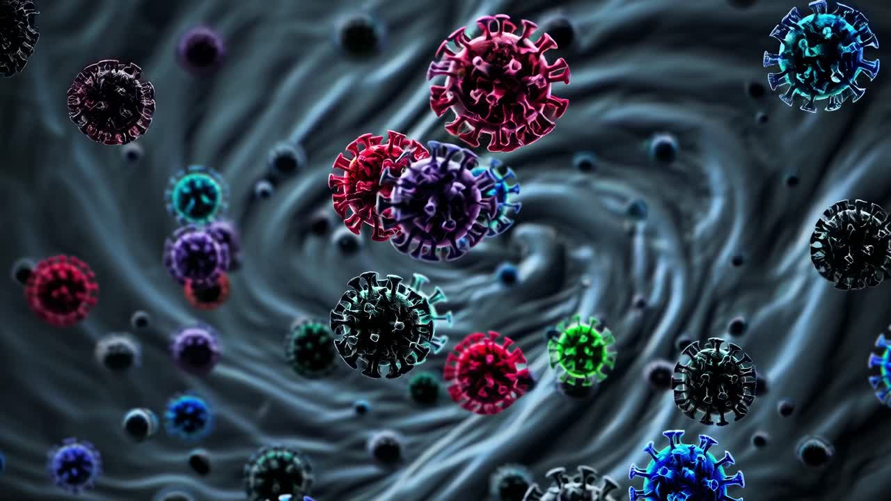virus microscópicos con superficies puntiagudas a la deriva y girando dentro de un líquido oscuro, generando una representación visual dinámica de microorganismos infecciosos a través de una vibrante representación científica en 3d