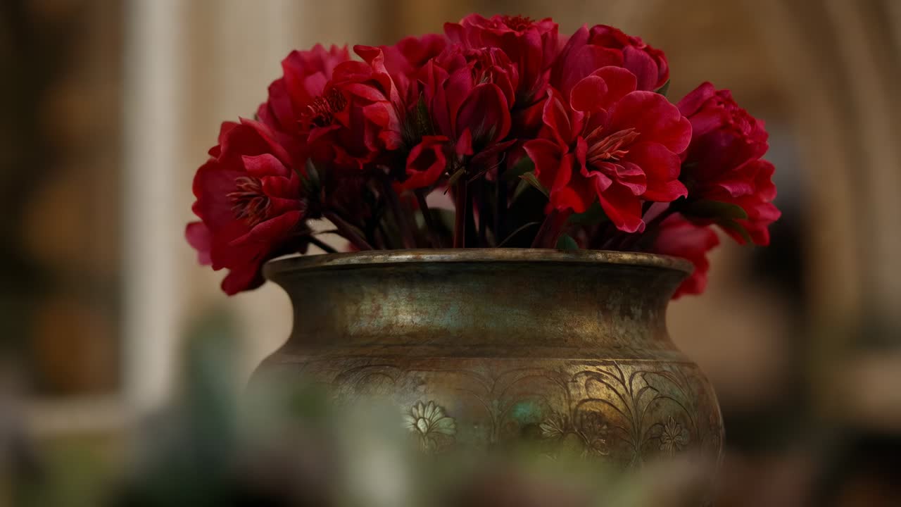 Angolazione della camera che rivela un bouquet di fiori rossi in un soggiorno con un vaso decorato, per i dettagli dei petali