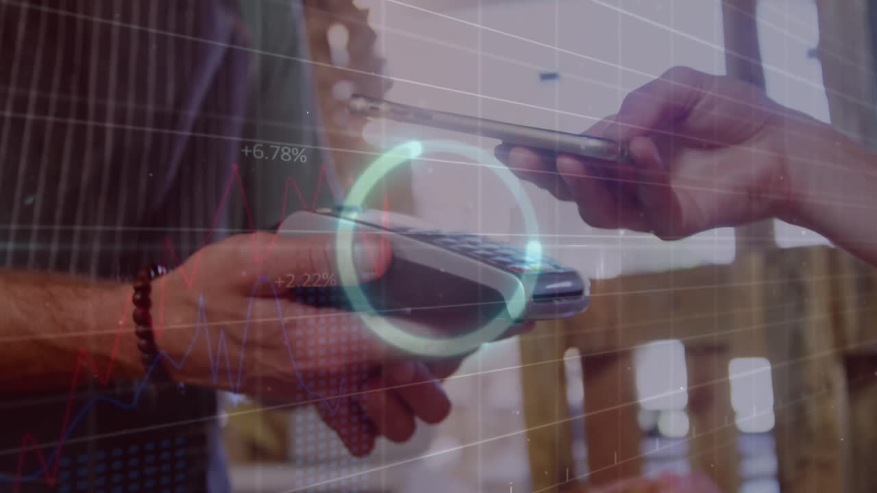 결제 터미널을 사용하는 백인 사람들의 손에 대한 금융 데이터의 애니메이션