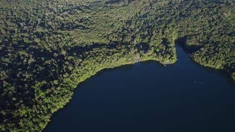 lake eacham - atherton tableland, queensland, australia의 무성한 열대우림으로 둘러싸인 고요한 분화구 호수