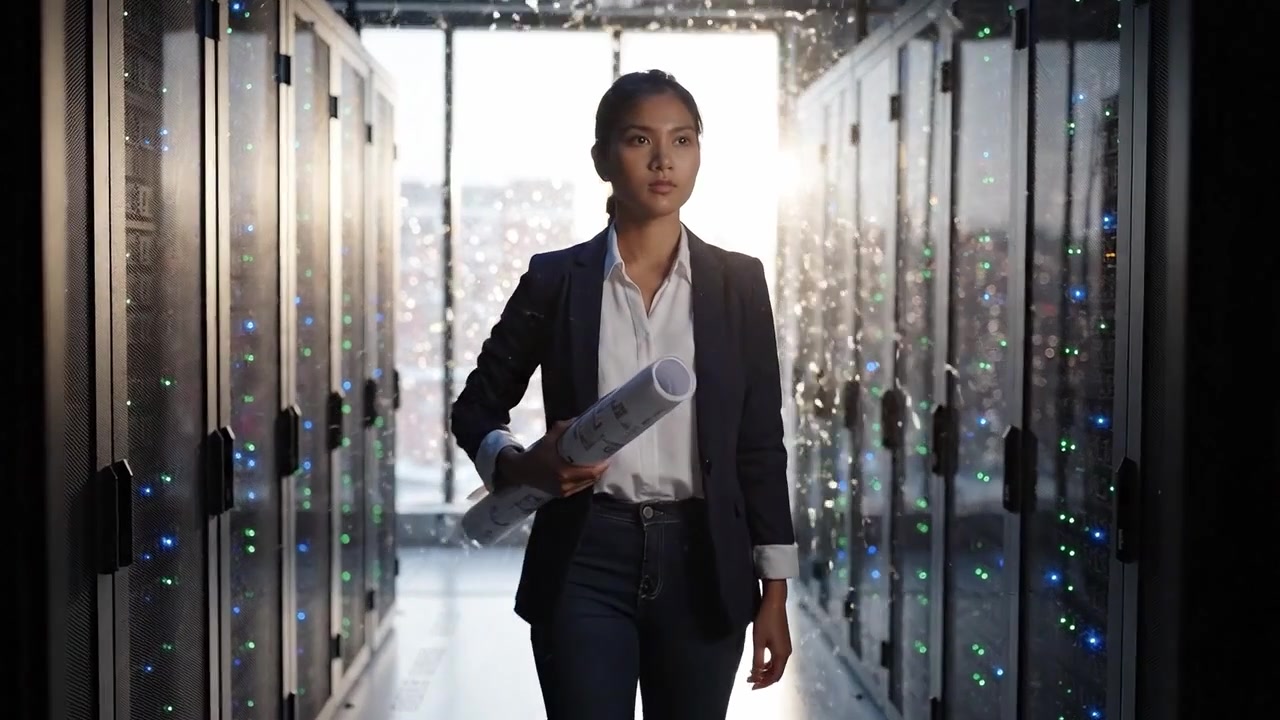 A Professional Woman Walking Through a Data Center, Holding Architectural Plans, Illuminated by Natural Light and Surrounded by Server Racks in Modern Workspace
