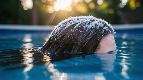 a serene moment of reflection at sunset: a close-up on hair frosted with ice, immersed in tranquil water, capturing the magic of winter's embrace in nature's beauty