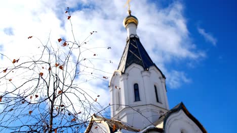 orthodox church tower with winter branches