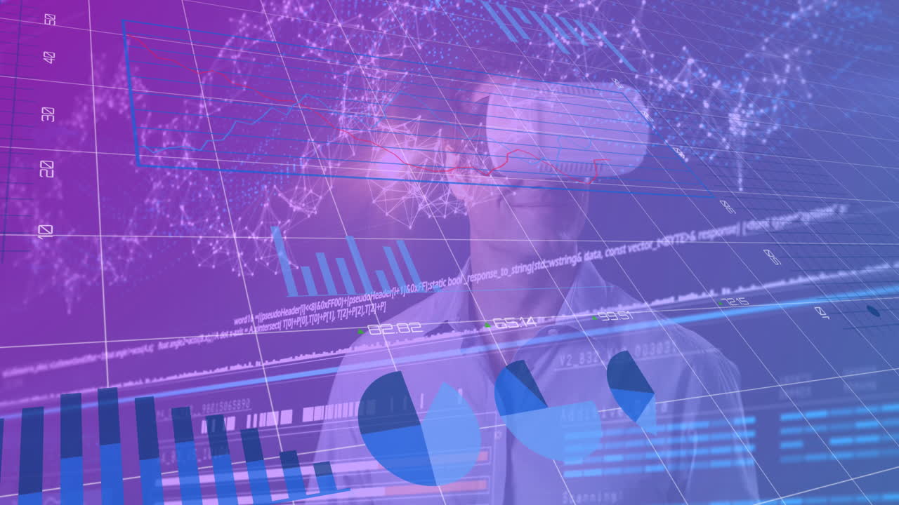 animación del procesamiento de datos sobre el hombre caucásico con auriculares vr