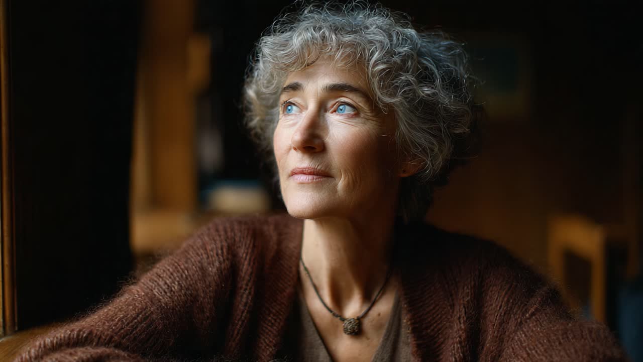 Un momento contemplativo catturato nel tempo, che mostra una donna introspettiva con capelli ricci che guarda pensierosa fuori dalla finestra, abbracciando serenità e riflessione