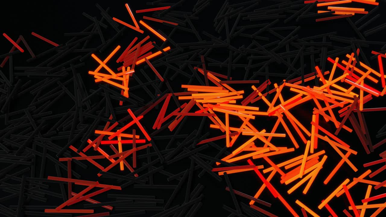 많은 회색 직사각형이 평면에 놓여있고 빨간 오렌지색으로 빛납니다. 전구는 추상적인 크리스마스 꽃받침과 같은 모양을 형성하기 시작합니다. 파도는 막대기를 가로질러 달립니다.