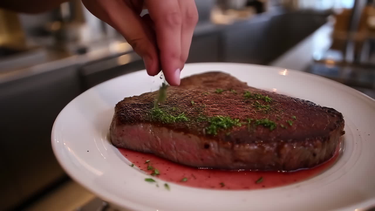 Chef garnishing a steak with herbs on a plate