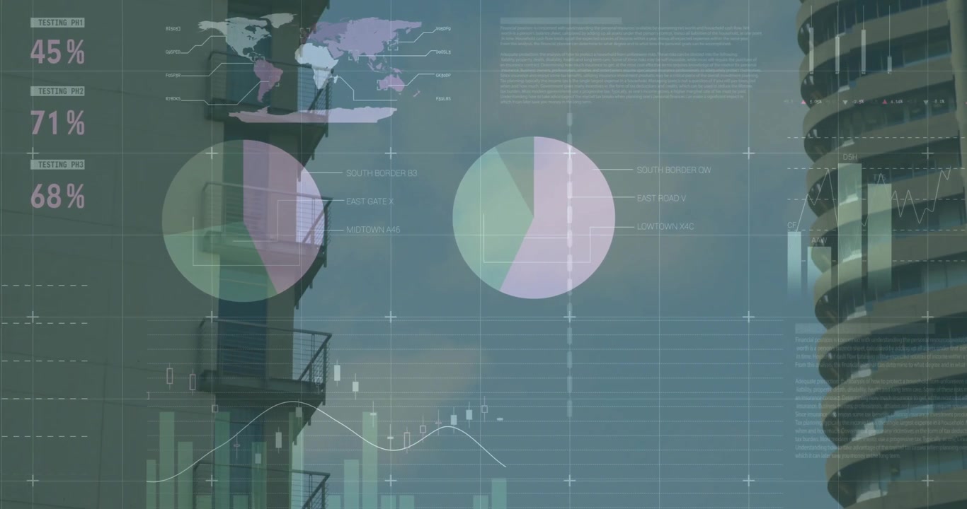 Data interface fading over high-rise skyline, shifting gauges and charts for analytics display