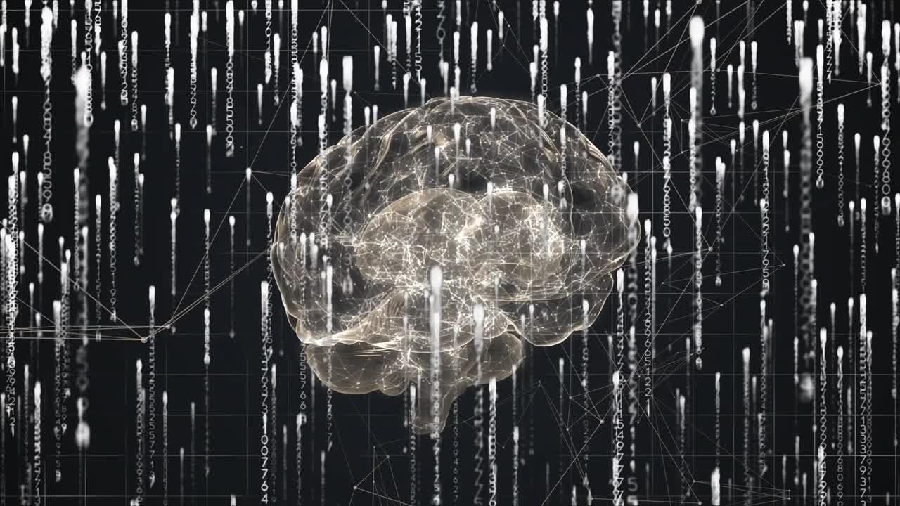Animazione di elaborazione dati su cervello digitale e rete di connessioni.