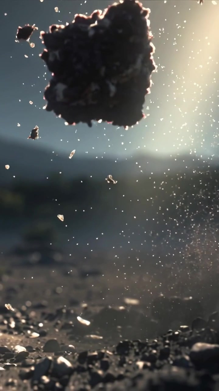 Vertical video: Ground disturbance launching dark clod upward over pebbles, shedding dust in sun