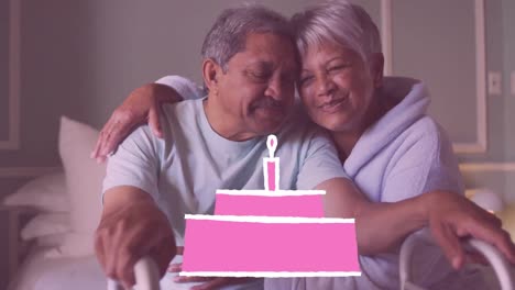 pink birthday cake icon against african american senior couple embracing each other at home