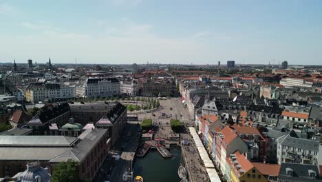 Nyhavn-Harbor-Aerial-Ascent,-Copenhagen,-Denmark