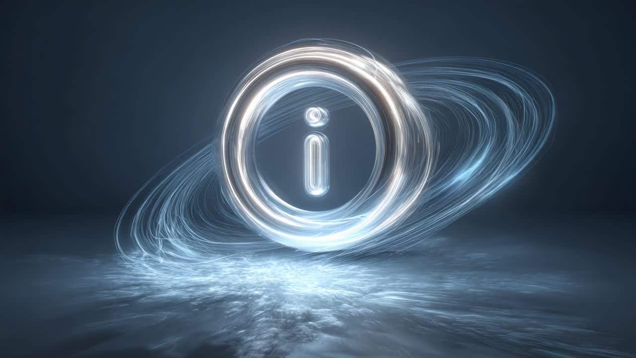 A captivating visualization of an illuminated 'info' symbol surrounded by dynamic light trails, creating an engaging sense of movement and energy in the digital space