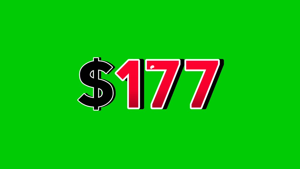 Animazione numero 177 con simbolo del dollaro, motion graphics con effetto fumo, sfondo green screen, numeri rossi vivaci. Effetto video 3D con ombre per elementi video, concetto aziendale.