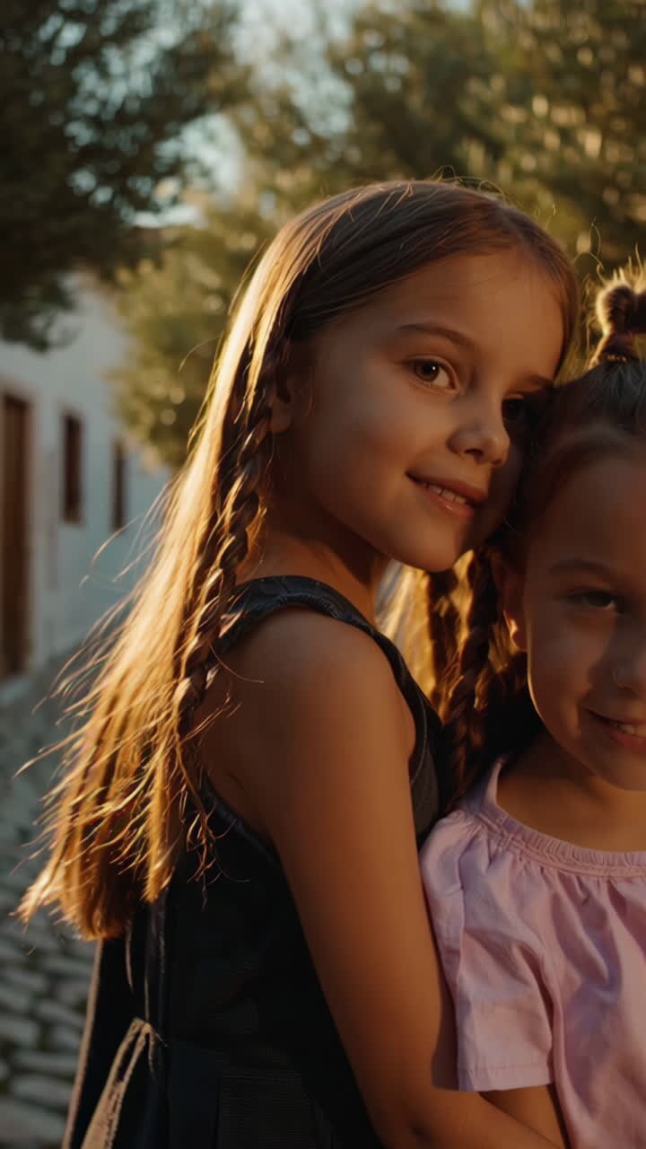 Dos hermanas explorando un encantador pueblo europeo al atardecer