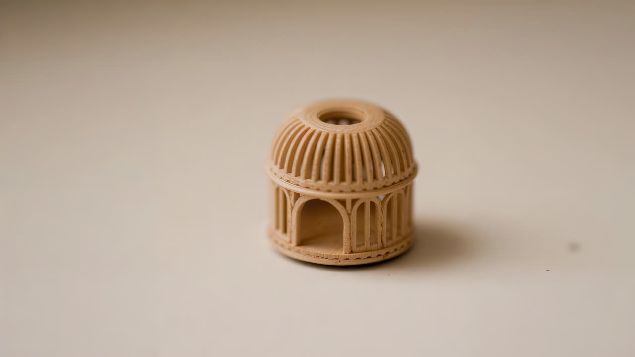 Shifting lens bringing finer dome details into focus on cream tabletop, revealing miniature