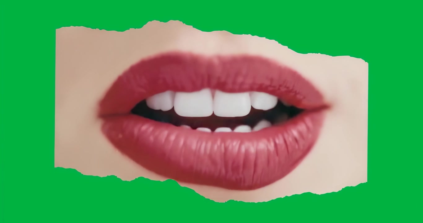 Alla rivelazione, labbra rosse che si aprono e si chiudono mettendo in mostra il rossetto in una cornice strappata su sfondo trasparente.